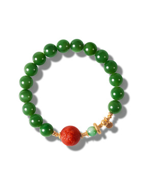 现货天然和田碧玉手串女款S925银镀18K金南红9mm圆珠手链源头