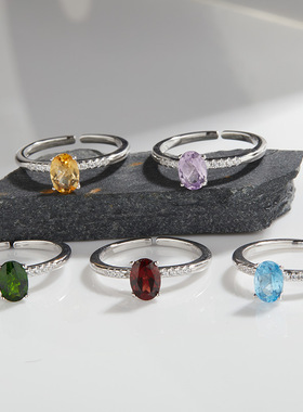 小众设计S925纯银天然托帕石石榴石黄水晶彩宝戒指女时尚抖音爆款