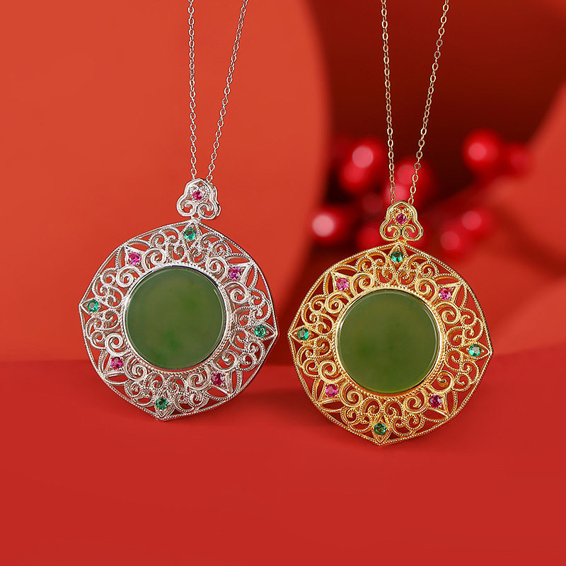 通体S925纯银镀金和田玉碧玉轻奢复古祥云如意圆形镂空吊坠挂坠