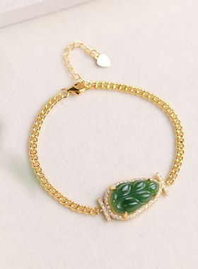 通体S925纯银镀金天然碧玉树叶手链金枝玉叶手串新款时尚气质