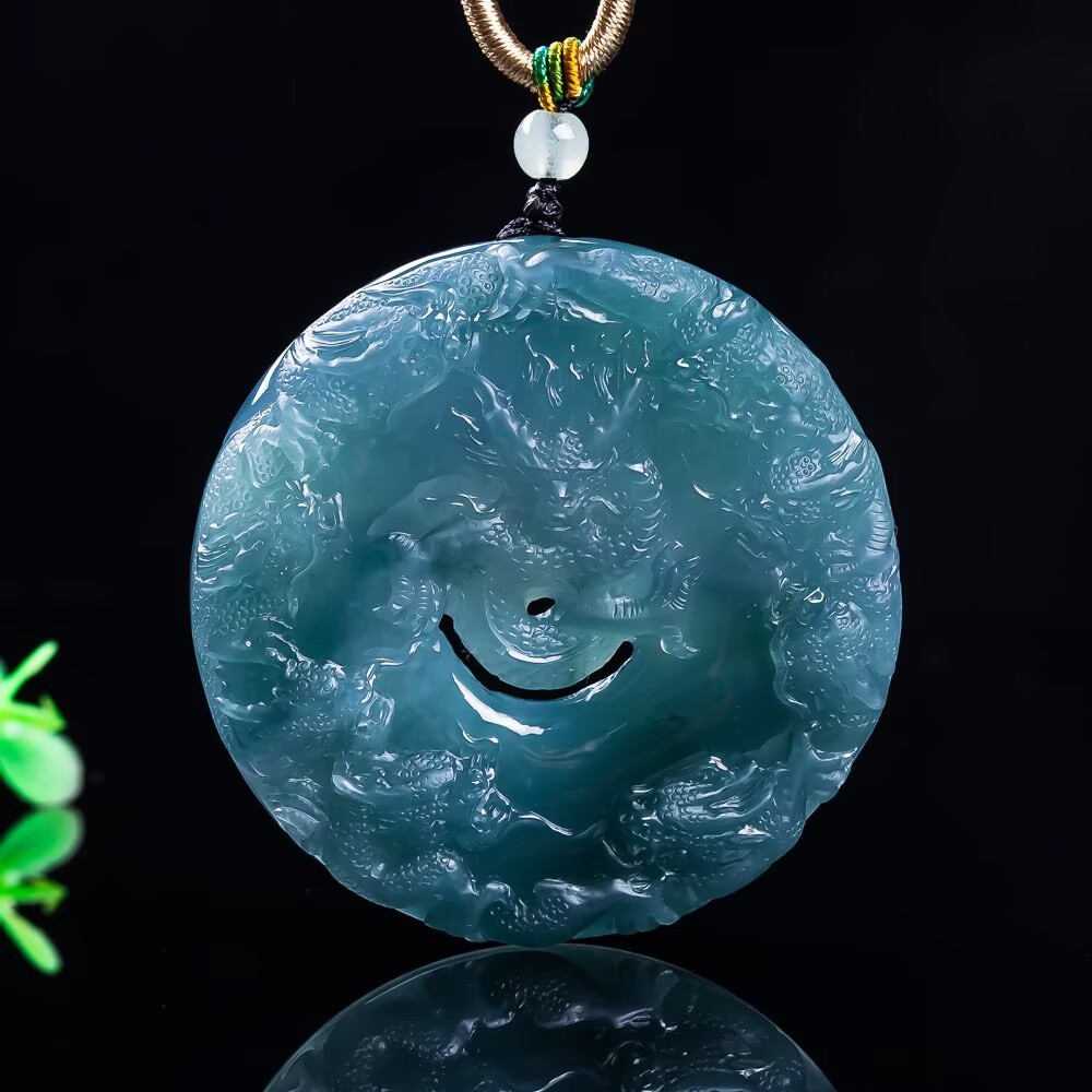 天然翡翠蓝水冰种玉石a货龙牌生肖挂件镂空精工九龙玉器珠宝饰品