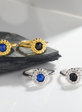 S925纯银天然黑玛瑙青金彩宝戒指女个性麻花绕圆宝石小红书新款