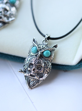 复古猫头鹰英明神武吊坠镶嵌天然原矿湖北绿松石项链夏季百搭单品