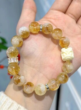 【金银山】黄塔晶共生羽毛蓝针象牙果醒狮如意水晶手串