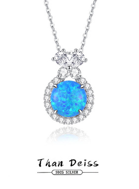 欧美蓝白欧泊圆排钻项链女S925纯银小众高级感蝴蝶锆石圆吊坠配饰