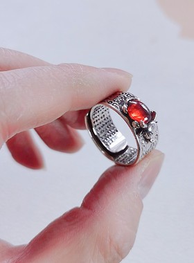 复古泰银祥云纹牛石榴石戒指男士