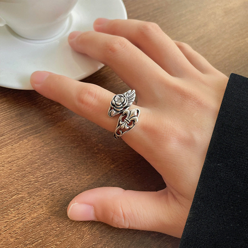 925银饰品十字架夸张龙朋克戒指女嘻哈食指开口指环纯银复古首饰