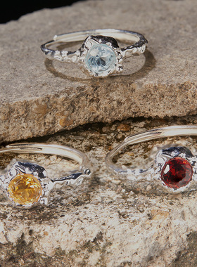 韩版设计感S925纯银镶天然石榴石托帕石黄水晶彩宝戒指女直播热卖