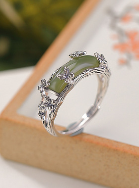 通体S925纯银镀金天然和田玉青玉蝴蝶戒指复古做旧个性开口指环