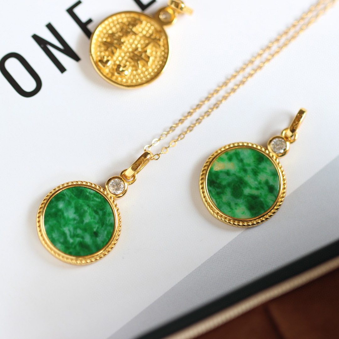 新中式国潮风天然A货缅甸翡翠干青圆s925银镶嵌翡翠圆形吊坠项链