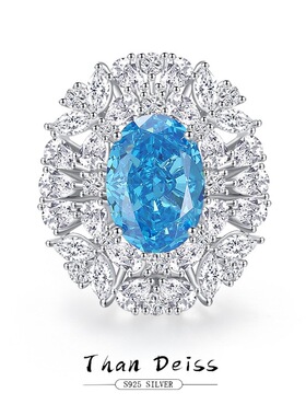 欧美豪华戒指锆石海蓝宝色s925纯银戒指女8A高碳钻彩宝跨境爆款