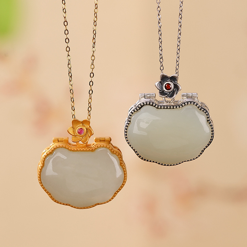 通体S925纯银镀金天然和田玉莲花如意气质吊坠优雅感香囊盒挂坠