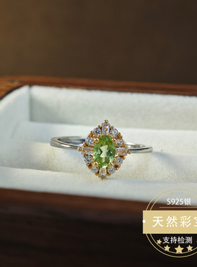 天然橄榄石戒指宝石戒指镶嵌通体银小众轻奢欧美直播爆款