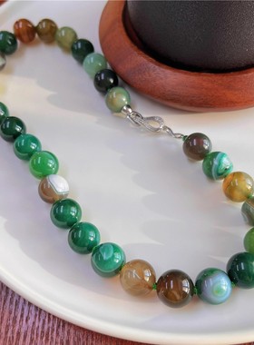 14mm天然色彩斑斓绿玉髓项链孔雀玛瑙圆珠链复古绿色石头串珠链