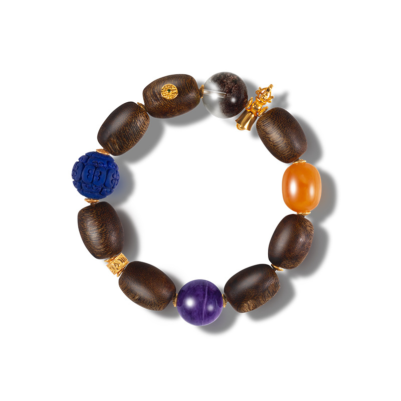 现货天然海南绿奇楠随型手串女款S925银镀金蜜蜡手链