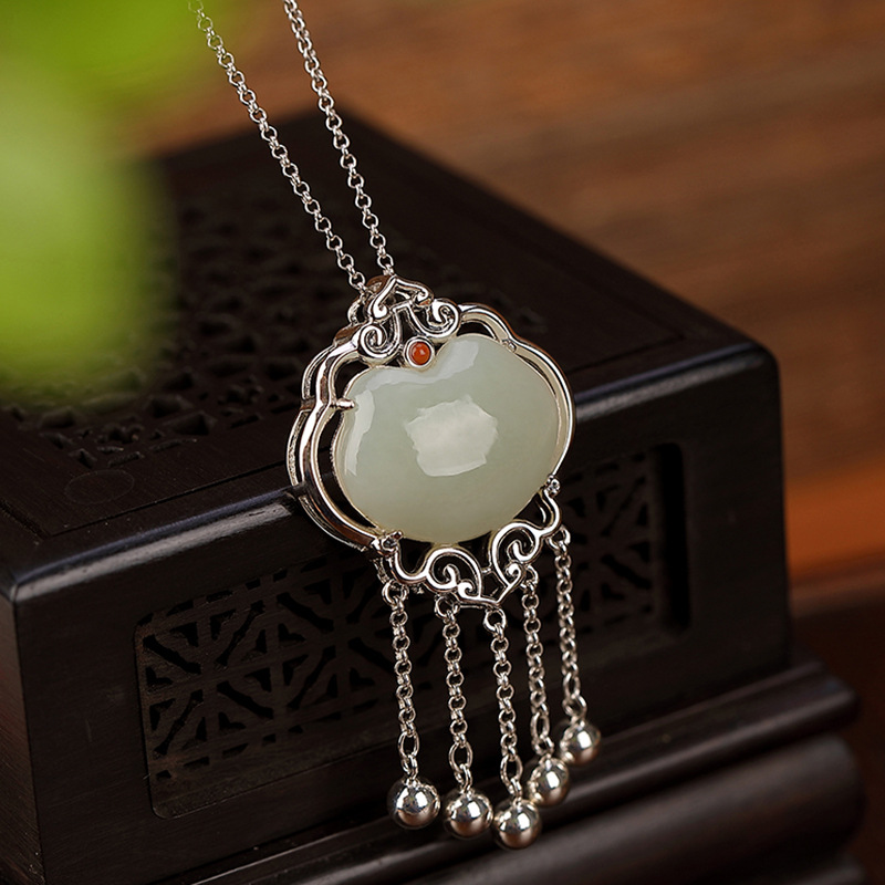 通体S925纯银天然和田玉吉祥如意平安流苏铃铛吊坠复古优雅挂坠