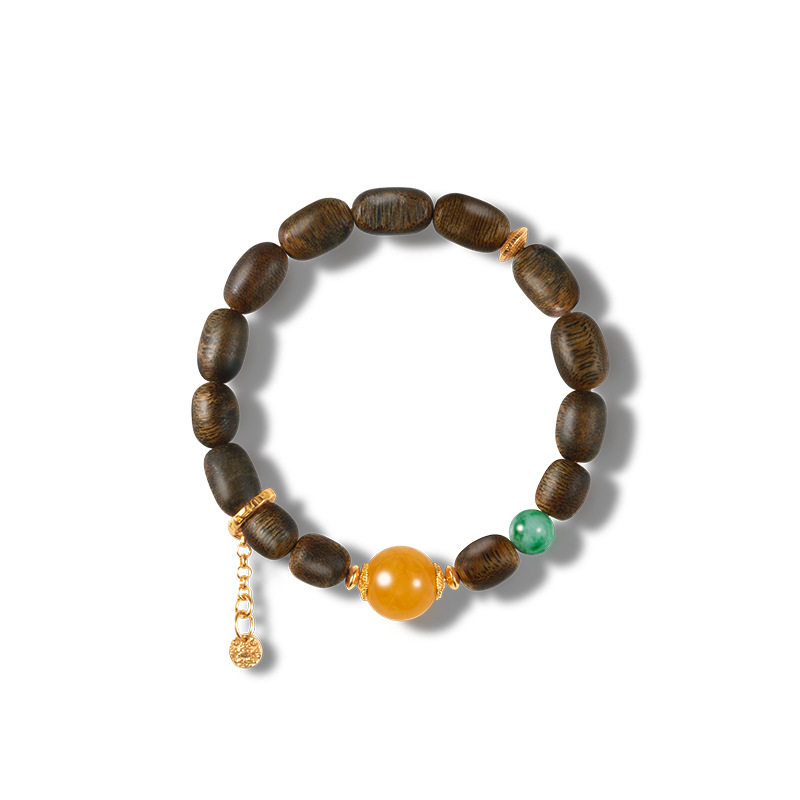 现货天然海南绿奇楠随型手串女款S925银镀金蜜蜡手链