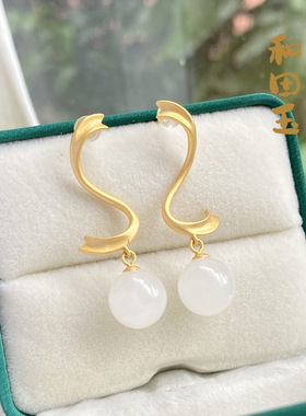 天然和田玉白玉耳坠通体925纯银真品高级可出鉴定证书新中式耳饰