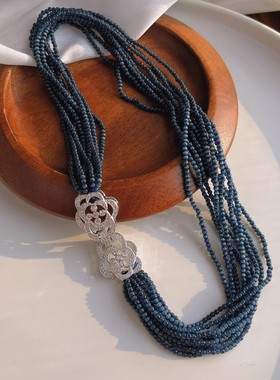 冷艳的蓝灰色猫眼石十层晚装链慵懒宝石锁骨链项链小众