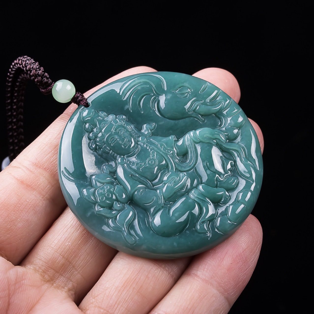 天然a货翡翠蓝水文殊菩萨生肖兔守护神玉石吊坠男士女款