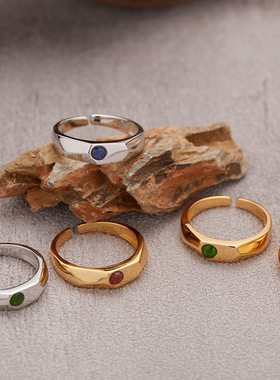 S925纯银18K天然蓝宝石榴黄水晶透灰石彩宝戒指不掉色小众高级感