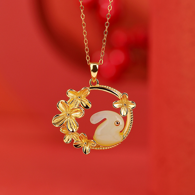 通体S925纯银镀金和田玉爆款金桂兔吊坠气质可爱桂花兔子银挂坠