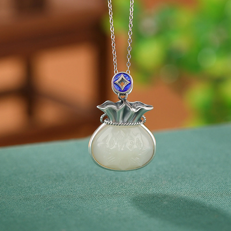 通体S999足银和田玉国潮景泰蓝钱币莲花福袋吊坠民族风荷花挂坠