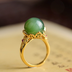 S925银镀金天然碧玉猫眼戒指大单珠圆珠款可调节开口指环直播