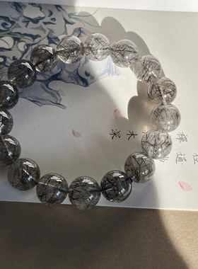 天然收藏级幽灵黑发晶手链黑色水晶情侣发晶手串男女款