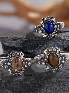 S925纯银镶天然虎眼黑金标青金彩宝泰银戒指女复古个性开口戒