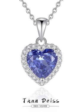 新款原创S925银坦桑蓝宝石心形项链满钻时尚简约爱心高碳钻冰花切