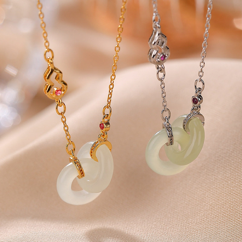 通体S925纯银镀金和田玉青玉葫芦环环相扣气质女套链吊坠