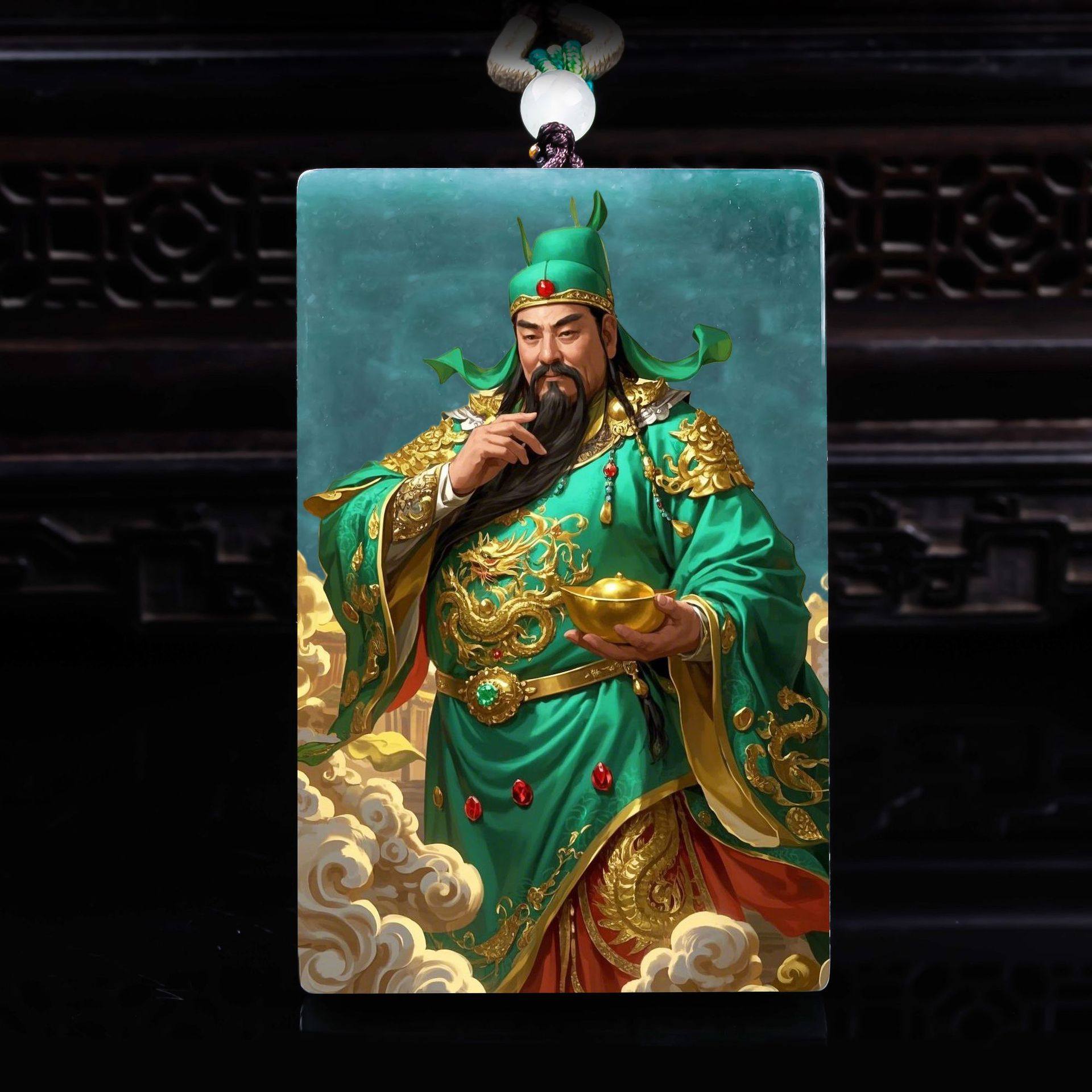 天然A货翡翠武财神关公精工超清喷绘高冰种老玉石吊坠挂件玉美