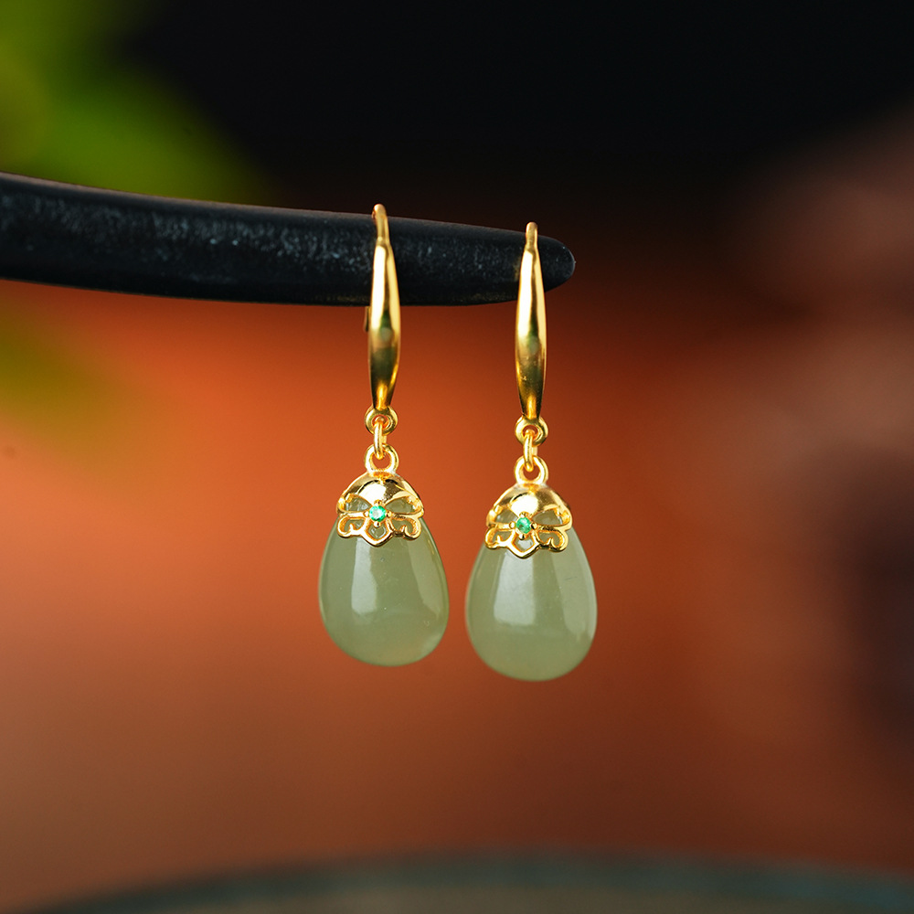 925银中式古风镶嵌碧玉点钻水滴形吊坠耳饰百搭小众简约女士耳饰