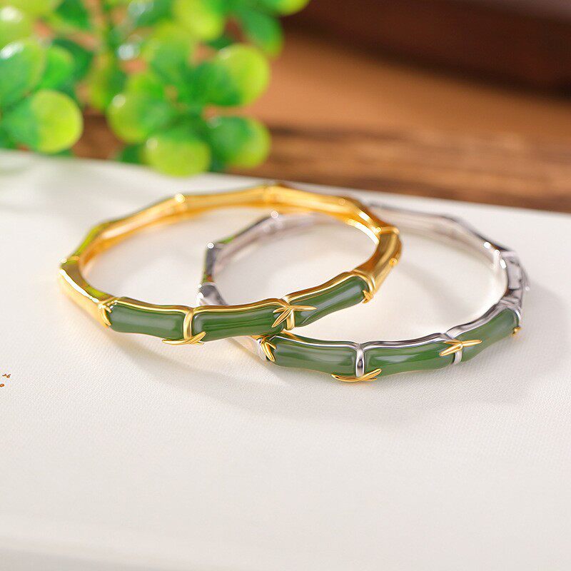 通体S925纯银镀金和田玉碧玉复古国风竹节竹叶手镯分色电镀手环