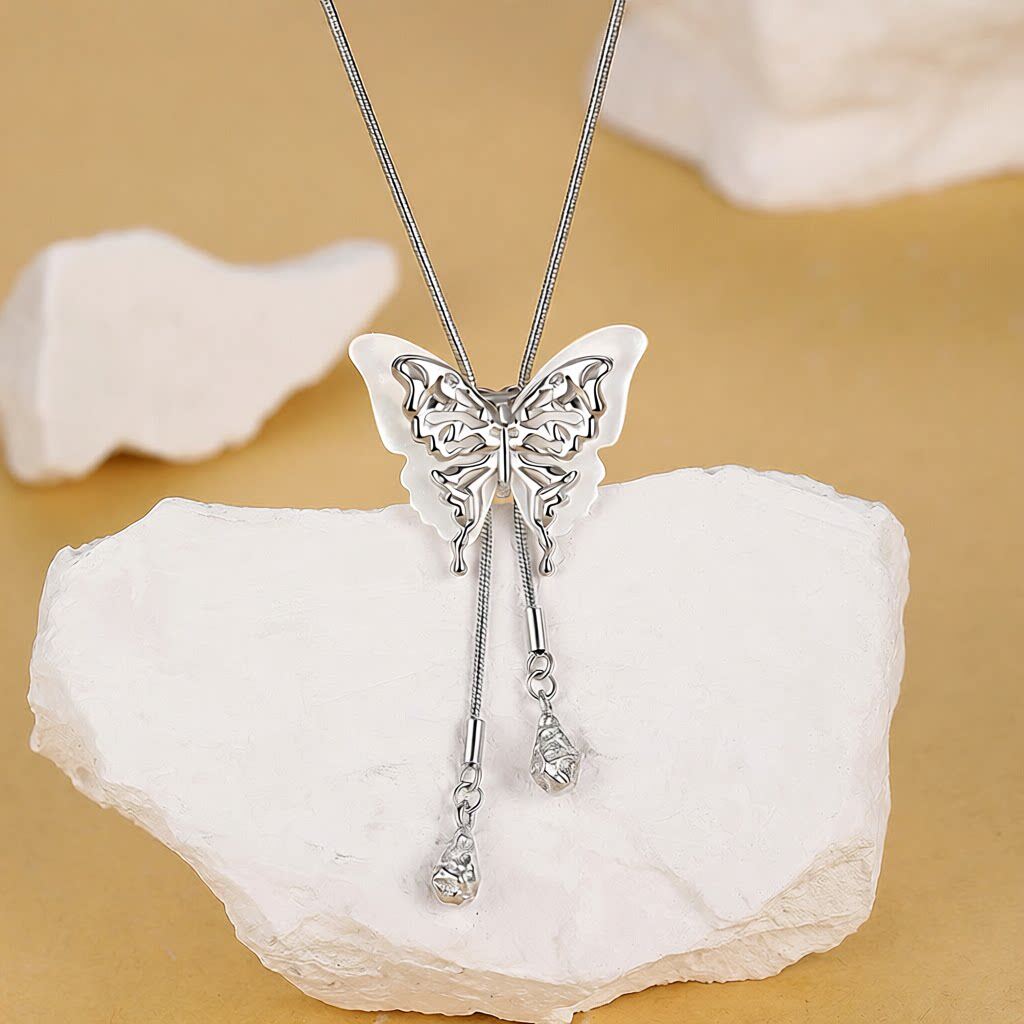 S925纯银白蝶贝壳蝴蝶项链女款毛衣链多戴配饰长款流苏轻奢锁骨链