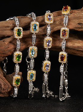 直播爆款热卖S925纯银天然石榴托帕透辉石紫水晶彩宝手链