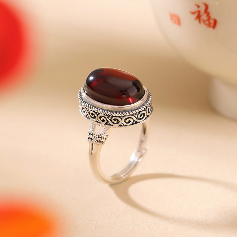 通体纯银S925纯银血珀复古做旧吉祥如意麻花蛋面戒指气质开口指环