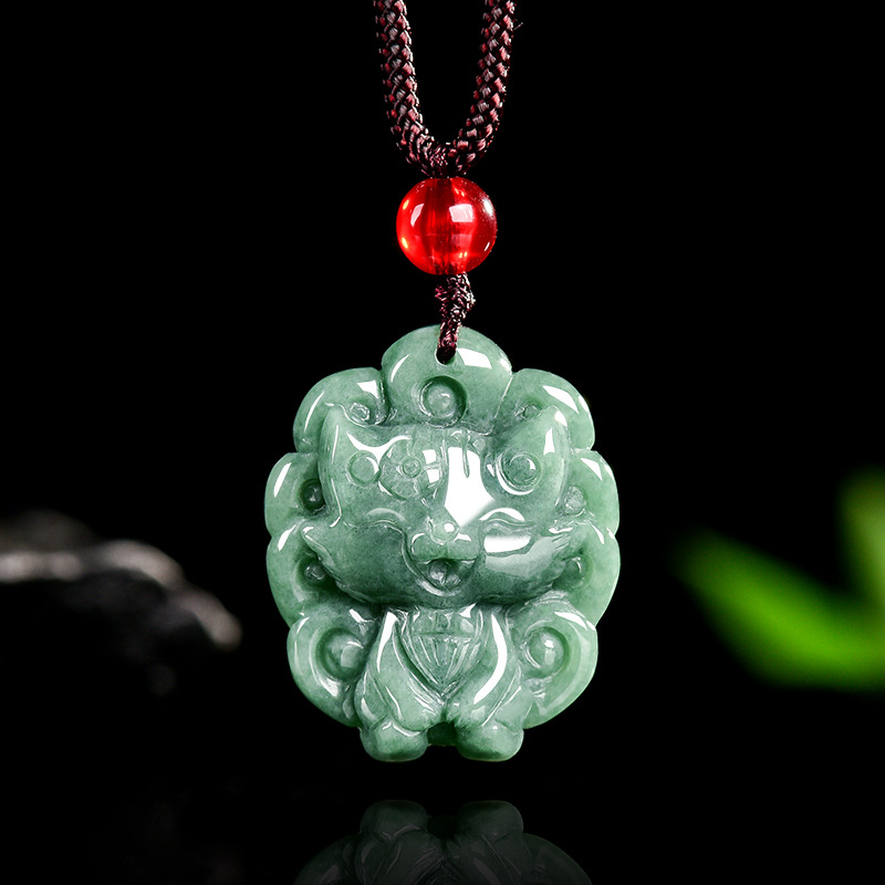 天然a货翡翠狐仙九尾狐吊坠豆种玉石玉佩男士挂件女款