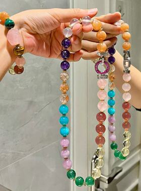 12mm天然紫水晶柠檬黄粉晶紫锂辉天河石虎眼石多宝手链