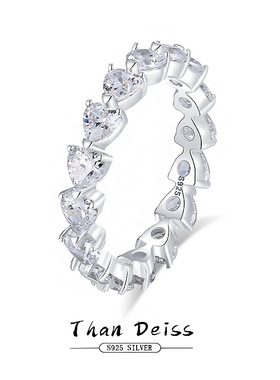 S925纯银爱心戒指女满钻心形排戒整圈豪镶小钻戒简约HW叠戴戒指