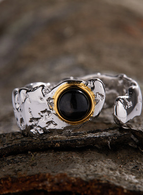 欧美时尚复古冷淡风开口戒S925银镶嵌天然金运石简约设计通用戒指