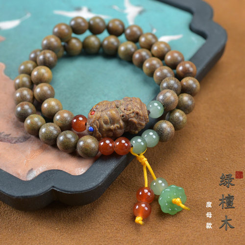 绿檀木DIY8mm双圈吊坠手串女雕刻度母配饰隔珠手链佛珠文玩男念珠