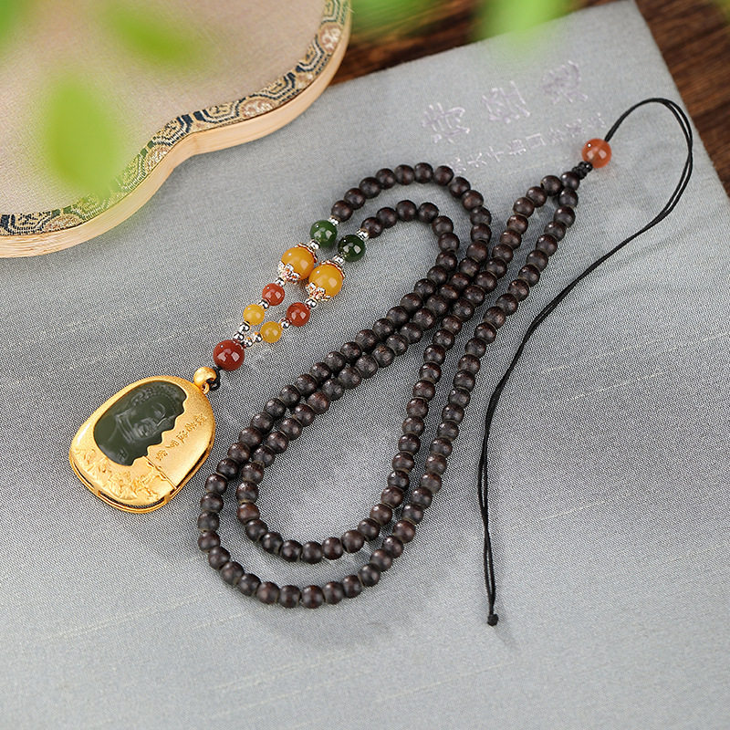 通体S925纯银镀金和田玉青玉金丝楠本命佛路路通挂脖套链银项链