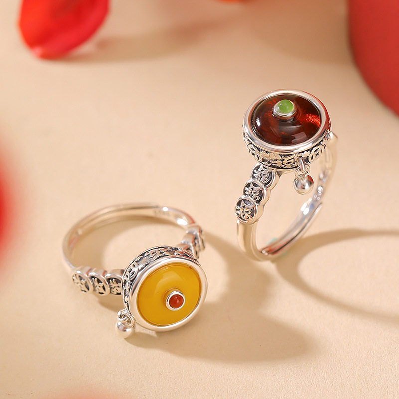 通体纯银S925纯银蜜蜡血珀复古做旧福字平安扣戒指可转动旋转指环