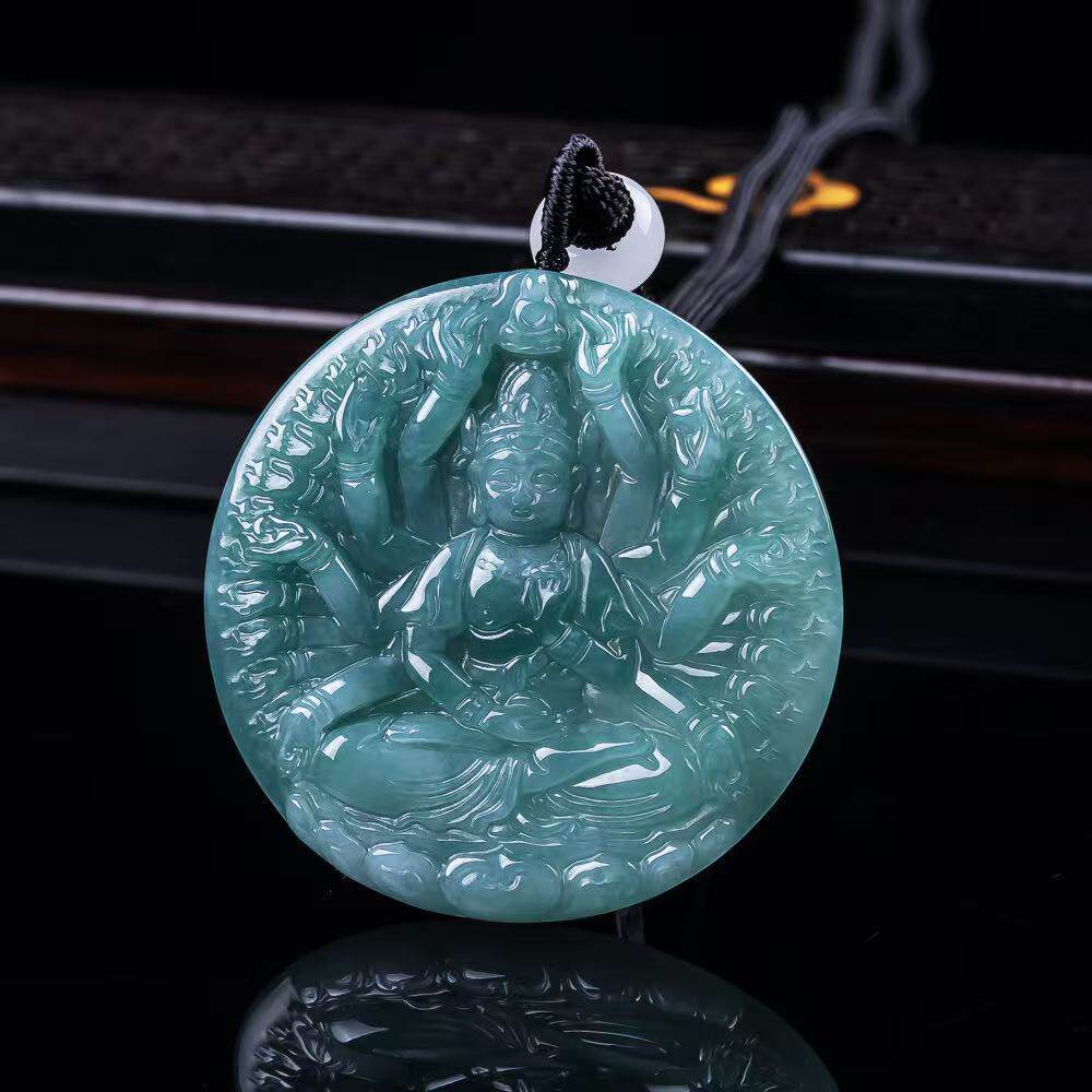 A货翡翠蓝水圆形千手观音吊坠精美玉石首饰挂件礼物玉器