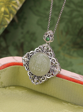 通体S925纯银天然和田玉青玉黄财神如意铜钱复古做旧银吊坠挂坠