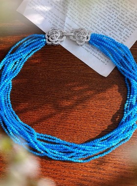 慵懒十层蓝色妖姬色人造猫眼石项链小众复古夸张晚装链新品