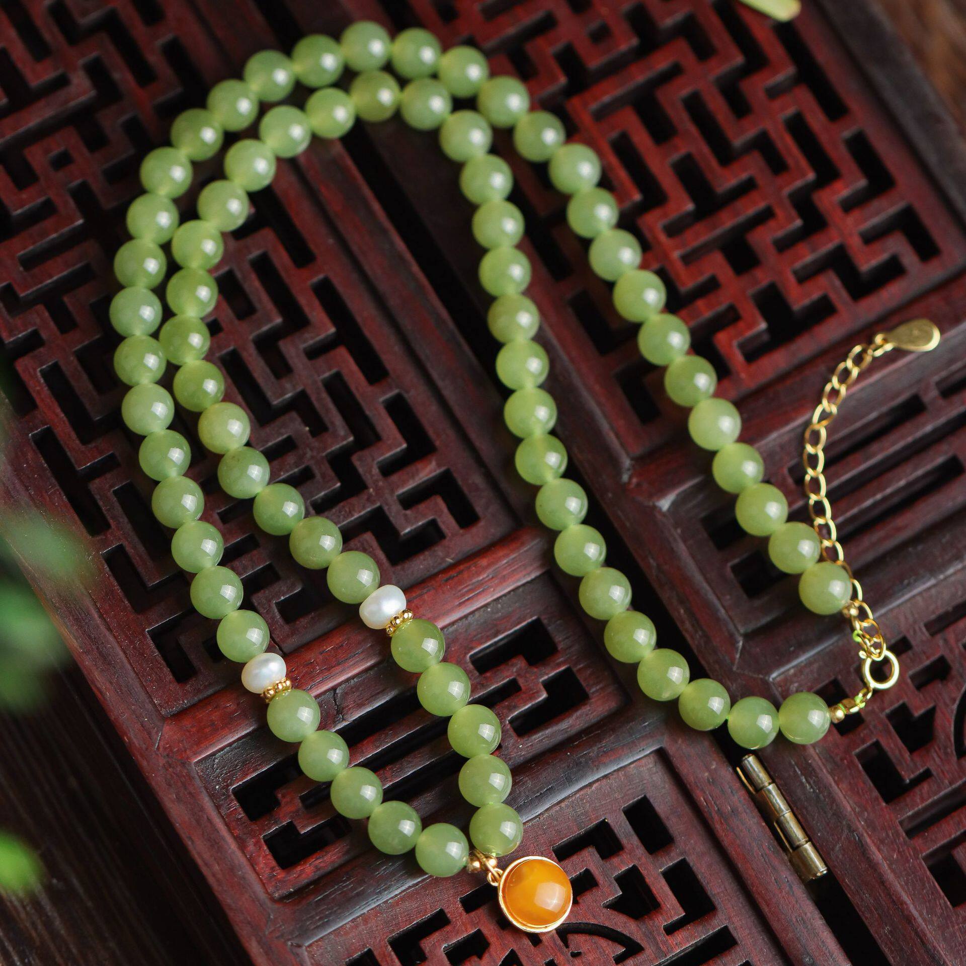 天然和田玉黄口料锁骨链搭配S925银蜜蜡镶嵌珍珠项链可调节直播