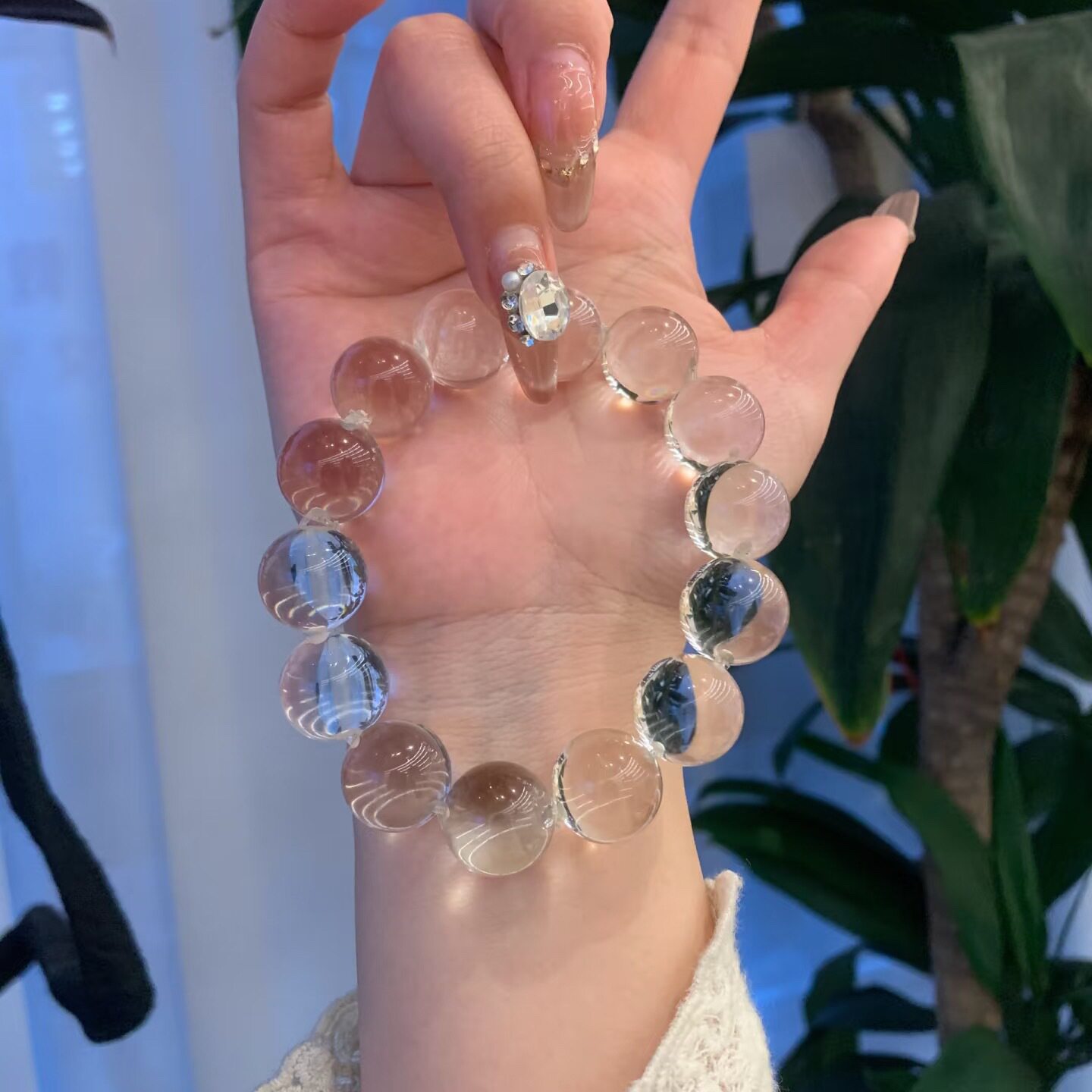 毕业级天然白水晶牛鼻孔泡泡珠手串净体双A圆珠手链原矿老料时